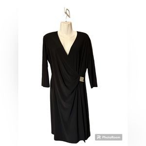 EUC Anne Klein Black 3/4 Sleeve Faux Wrap Midi Dress Size 14P